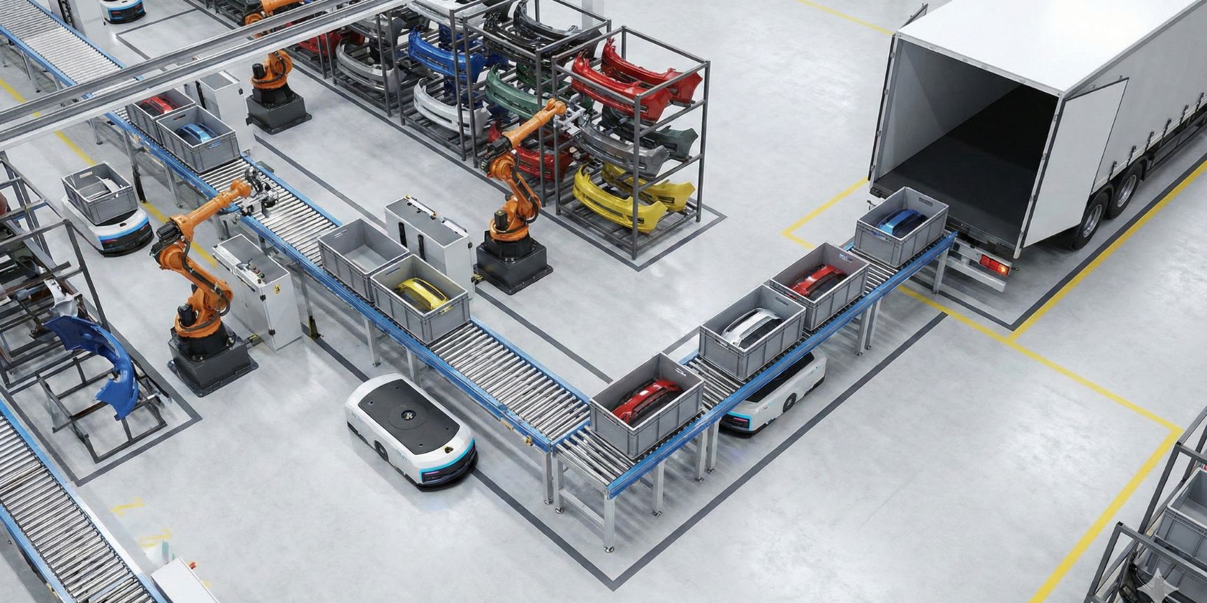 Hochmodernes JIS-Sequenzierzentrum aus der Vogelperspektive, in dem Roboter verschiedenfarbige Auto-Stoßstangen in der richtigen Reihenfolge in Behälter auf einem Förderband legen, die direkt in einen LKW verladen werden. Ein Beispiel für automatisierte Sequenzierung und das Perlkettenprinzip in der Lagerlogistik.